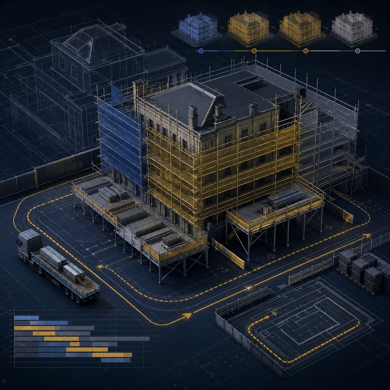 Scaffold access planning model with phasing routes